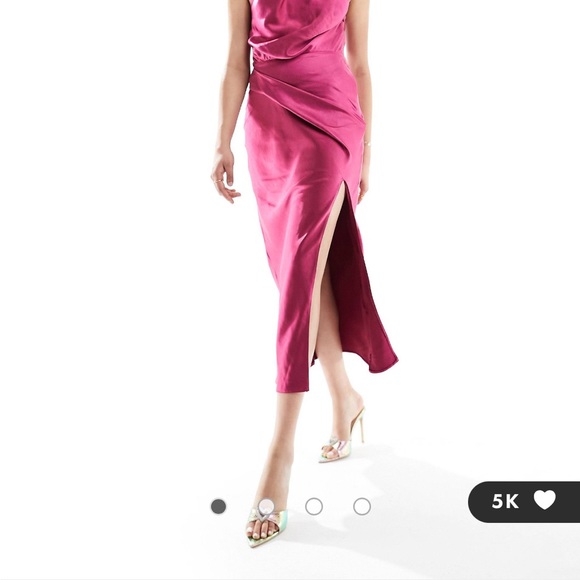 ASOS DESIGN satin twist shoulder midi dress with slit in pink side 8 - Picture 3 of 8